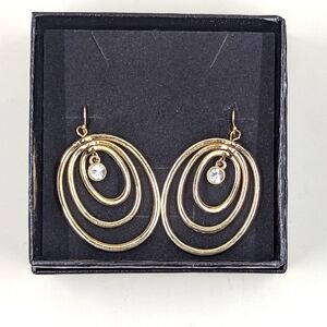 3 Circle Gold-toned Dangle Earrings w/ Clear Gems